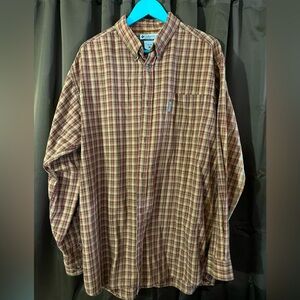 Tall men’s slong sleeve Columbia brown,orange and tan plaid shirt, size XLT
